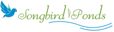 Blue bird logo with "Songbird Ponds" in green, underlined with blue wavy lines.