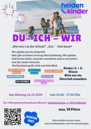 Flyer für den Freundschaftsworkshop „DU–ICH–WIR“ im Helden Kindergarten, mit Kindern am Strand und Veranstaltungsdetails.