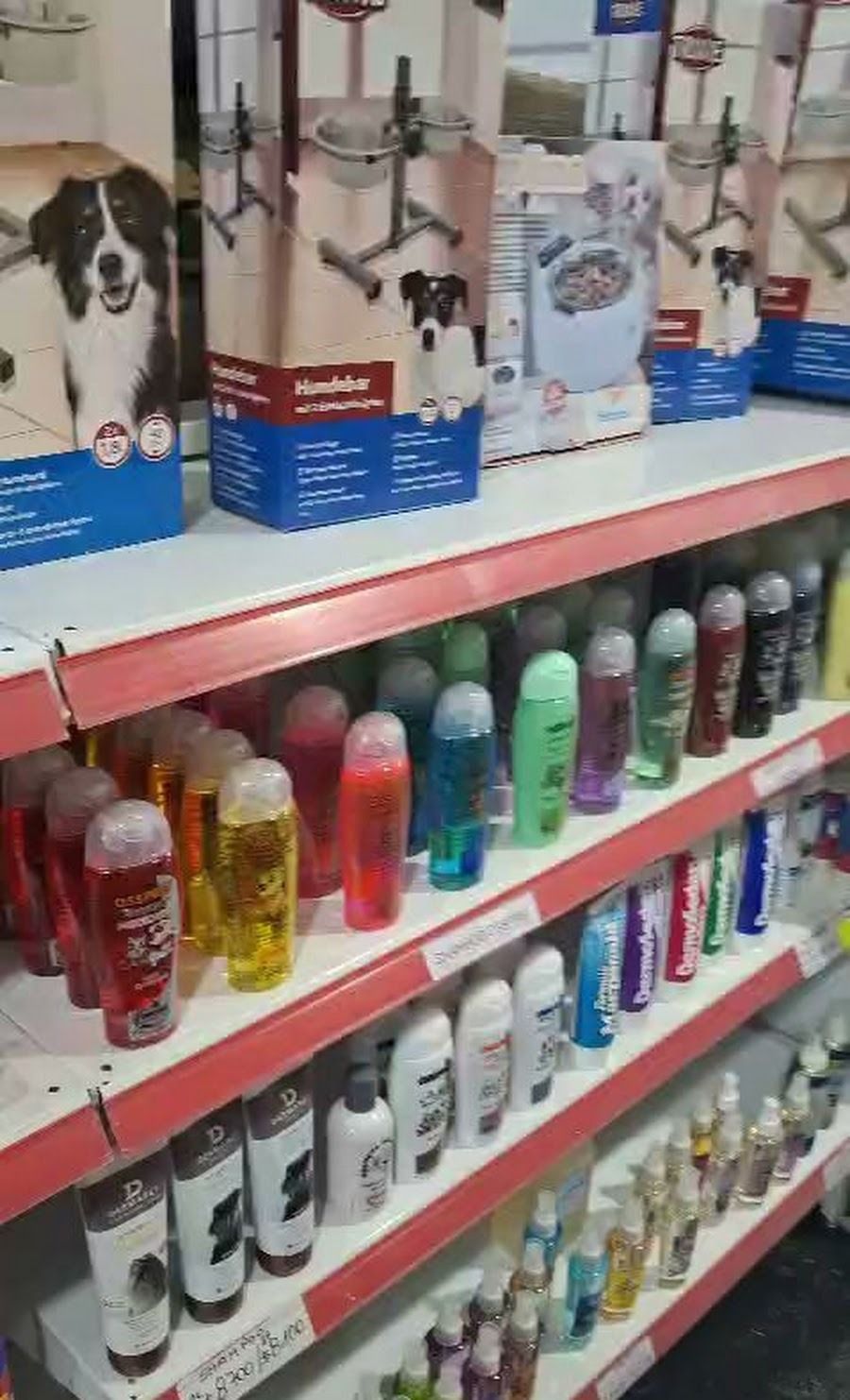 Estantería de tienda de mascotas con productos y botellas para el cuidado de perros en colores surtidos.