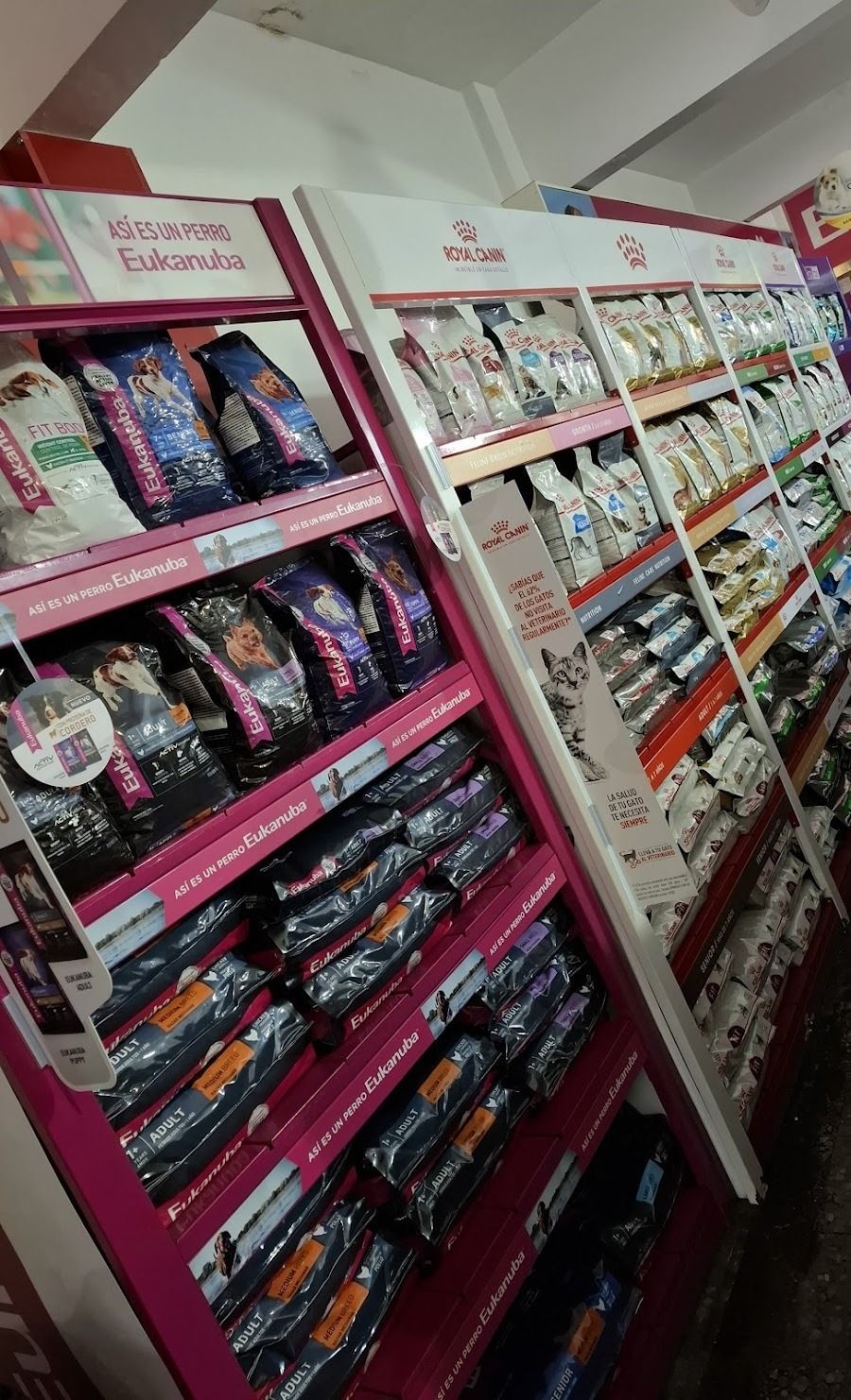 Vista inclinada de los estantes de una tienda repletos de coloridos aperitivos envasados ​​y otros productos de alimentación.