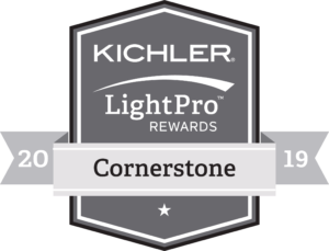 LightPro Cornerstone Logo — Northbrook, IL — Shelly’s Landscape A Kichler LightPro Rewards 2019 Cornerstone award emblem featuring a grey shield design with white text and stars.