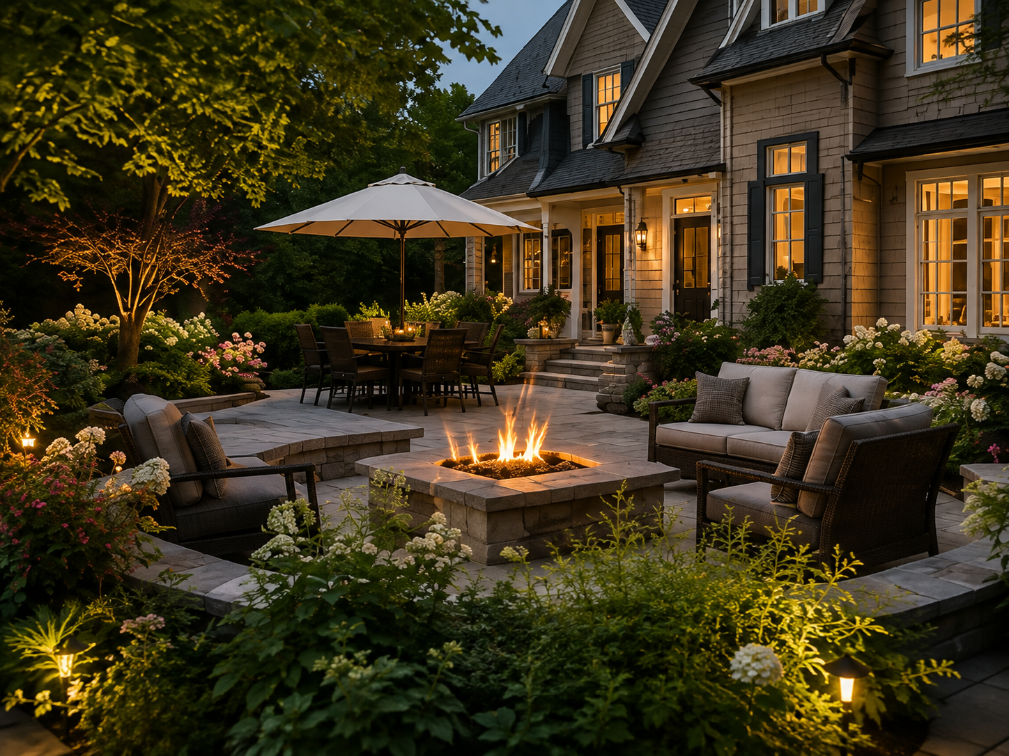 Cozy stone patio with a fire pit, cushioned chairs, and a warmly lit house at dusk Cozy stone patio with a fire pit, cushioned chairs, and a warmly lit house at dusk