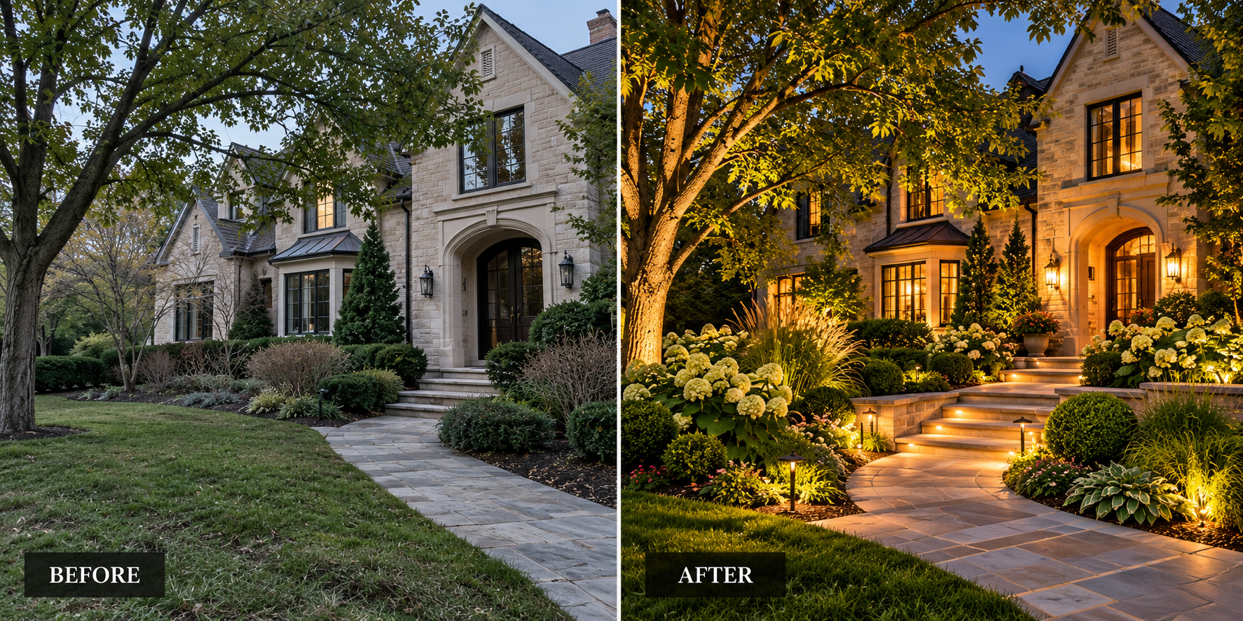 Before-and-after of a home exterior: unlit garden path on left, warmly lit house and landscaping on right. Before-and-after of a home exterior: unlit garden path on left, warmly lit house and landscaping on right.