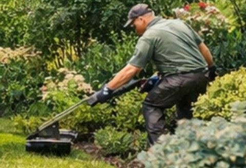 Professional landscaper trimming shrubs, estate lawn care, uniformed crew maintaining high-end property, precision hedge trimming A person in a green shirt and cap uses a power edger to trim the grass along a garden bed.