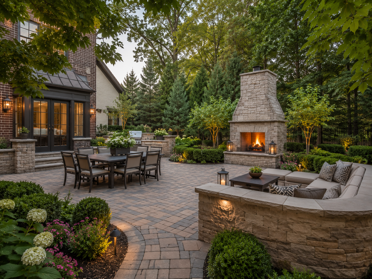 Custom paver patio, stone fireplace and outdoor seating area at an Evanston Illinois home Custom paver patio, stone fireplace and outdoor seating area at an Evanston Illinois home