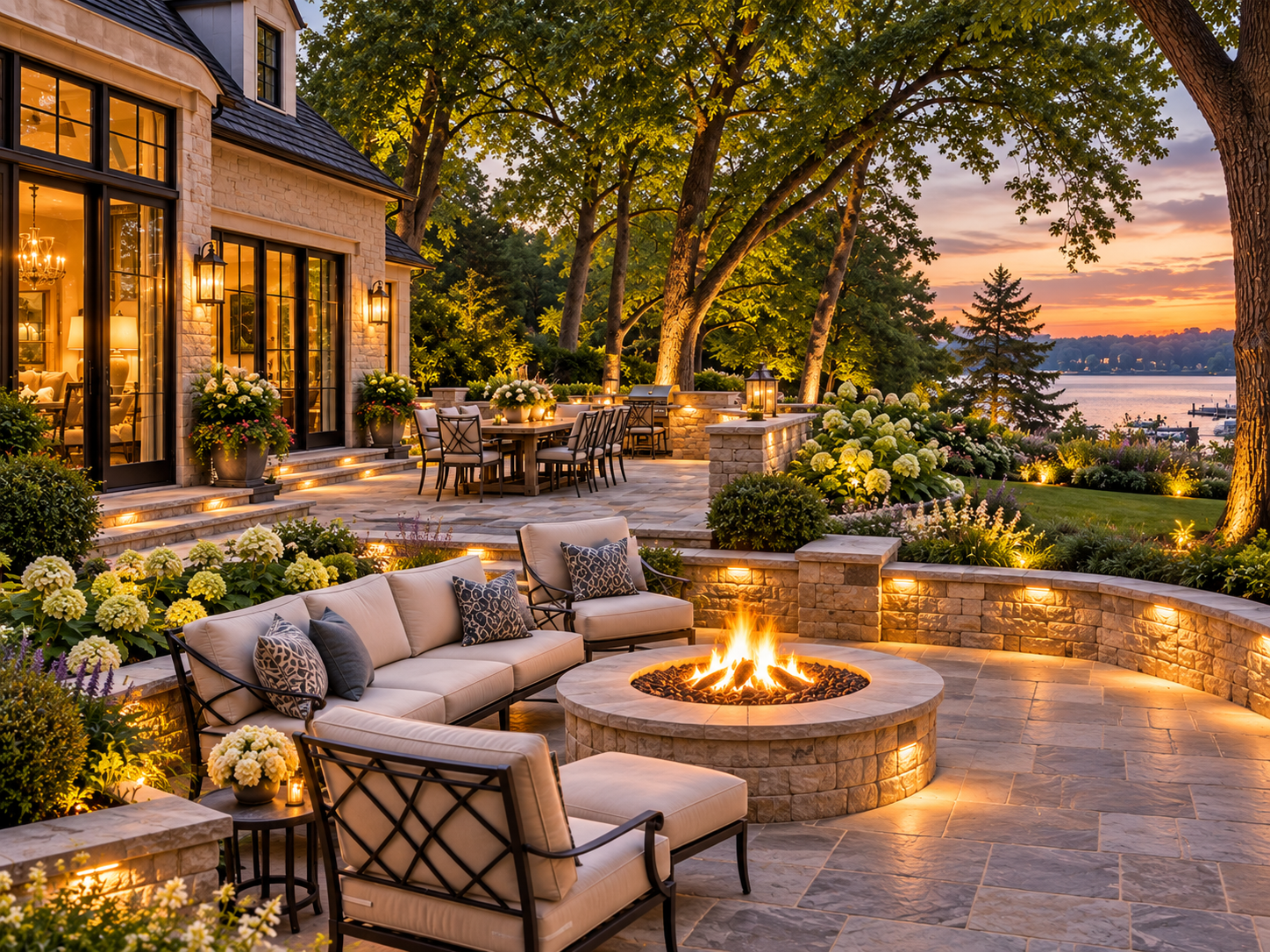 Lake Forest, IL outdoor living space with stone patio, fire pit, seating walls, landscape lighting and lush landscaping Lake Forest, IL outdoor living space with stone patio, fire pit, seating walls, landscape lighting and lush landscaping