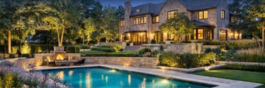 Luxury estate home Kenilworth IL, large stone mansion, manicured lawn, layered landscape lighting, pool, outdoor fireplace, dusk photography, North Shore Illinois estate A luxurious stone house at dusk with a glowing pool and fire pit, surrounded by illuminated landscaping.