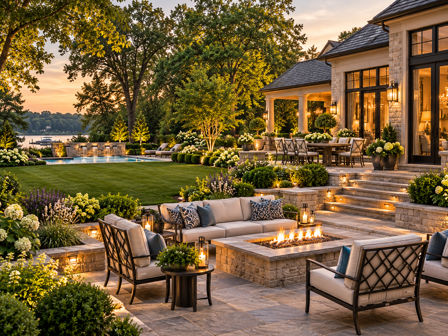 Backyard transformation in Lake Forest, IL with stone patio, fire feature, outdoor seating, lawn, gardens and landscape lighting Backyard transformation in Lake Forest, IL with stone patio, fire feature, outdoor seating, lawn, gardens and landscape lighting