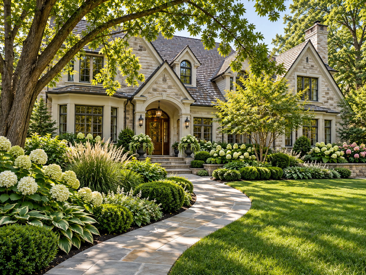 Residential landscape design in Lake Forest, IL with curved stone walkway, hydrangeas, ornamental grasses, shrubs and manicured lawn Residential landscape design in Lake Forest, IL with curved stone walkway, hydrangeas, ornamental grasses, shrubs and manicured lawn