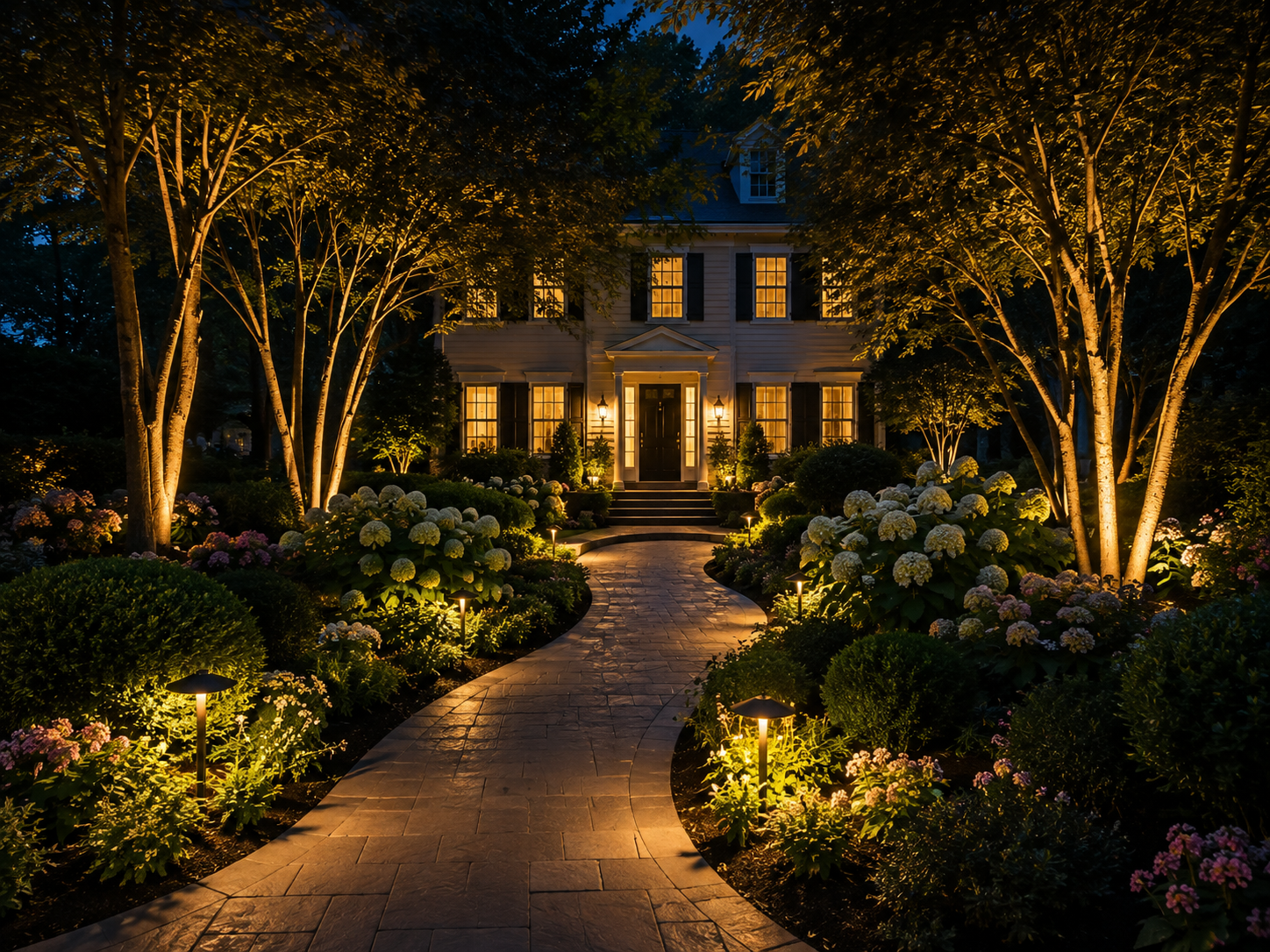 Warmly lit house at night with a stone walkway and landscaped garden lined by trees and flowers Warmly lit house at night with a stone walkway and landscaped garden lined by trees and flowers