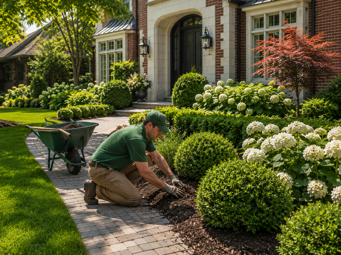 Gardener planting flowers along a brick walkway beside a manicured suburban house Gardener planting flowers along a brick walkway beside a manicured suburban house