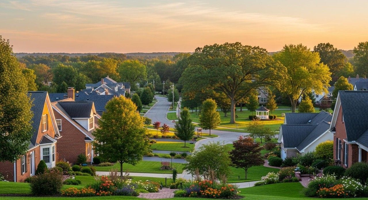 Suburban neighborhood at sunset, featuring brick houses, green lawns, and mature trees along a winding street. A suburban neighborhood at sunset with brick houses, lush green trees, and a winding road under a warm, golden sky.