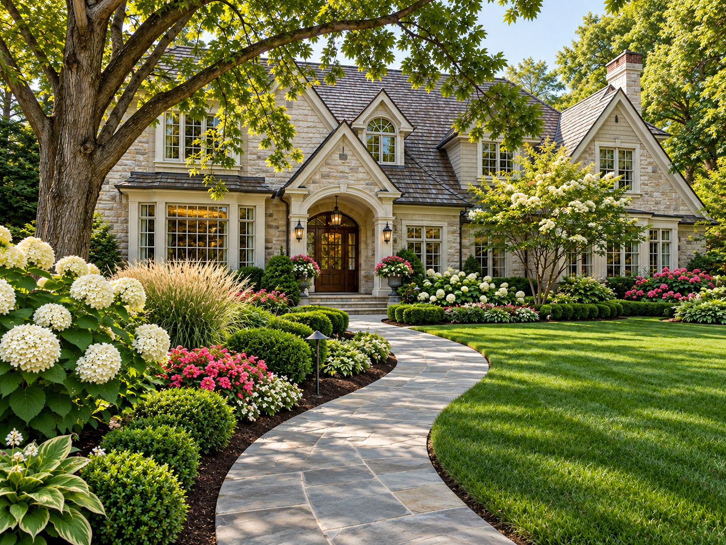 Seasonal landscaping maintenance at a Lake Forest, IL home with manicured lawn, trimmed shrubs, hydrangeas and garden beds Seasonal landscaping maintenance at a Lake Forest, IL home with manicured lawn, trimmed shrubs, hydrangeas and garden beds