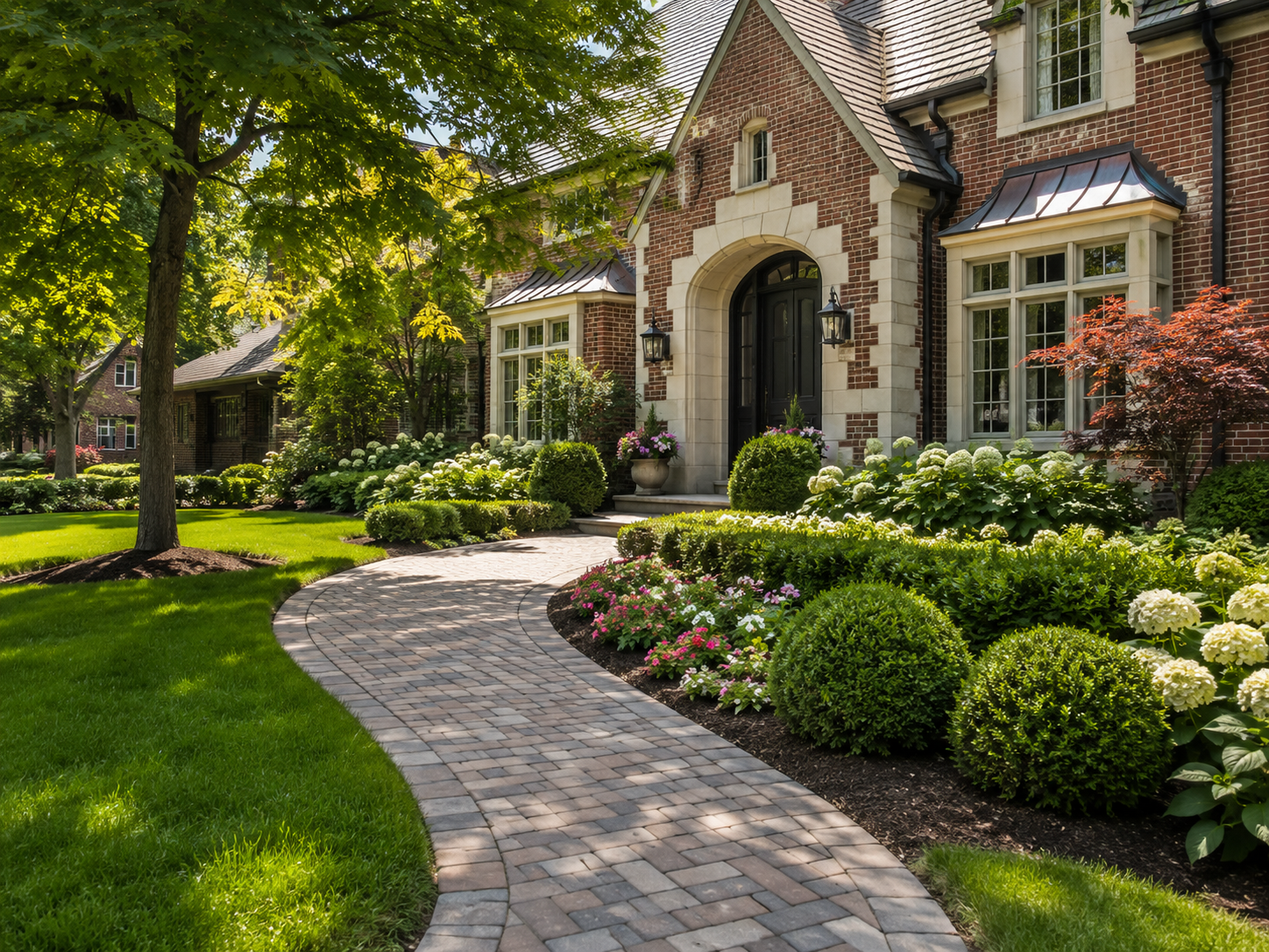 Professionally landscaped Evanston Illinois home with mature trees, colorful plantings and a brick walkway