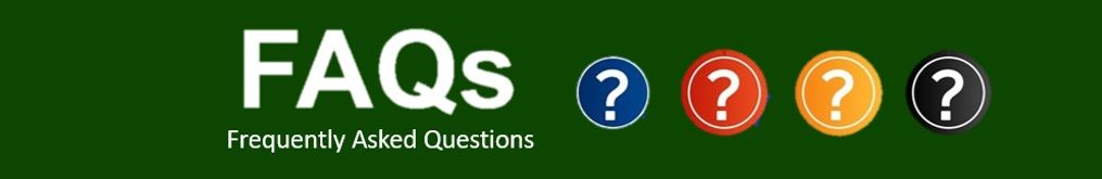 FAQs with question mark icons in different colored circles on a green background.