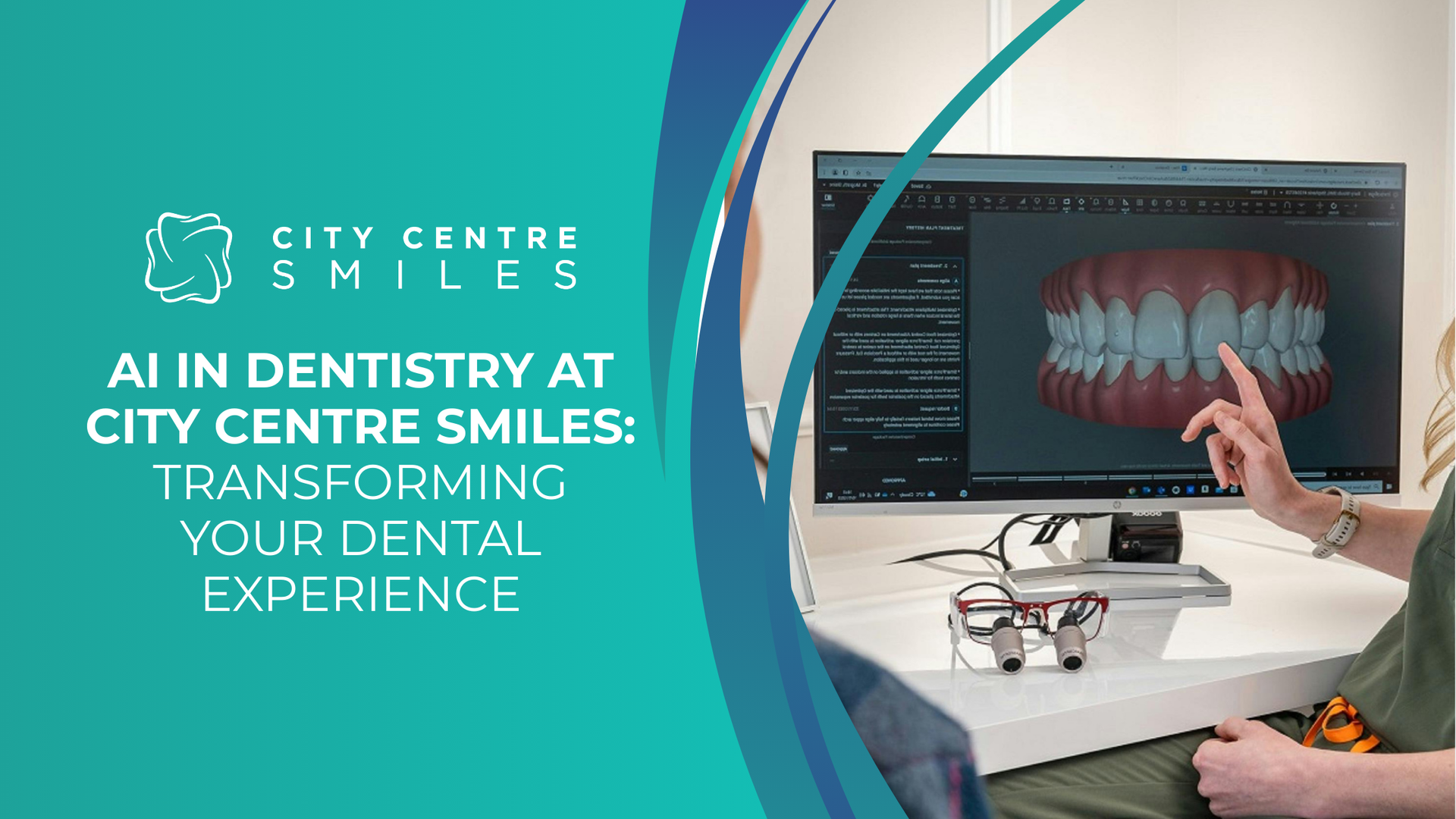 Person points to a 3D dental scan on a monitor. AI in dentistry at City Centre Smiles: Transforming dental experience.