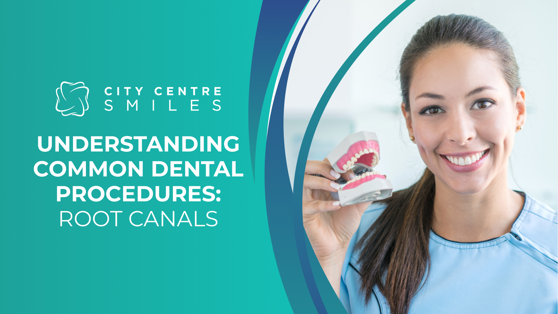 A dental professional smiles, holding a model of teeth, with text 