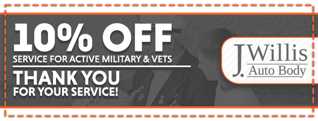 10% off banner thanking active military and veterans, with J. Willis Auto Body logo on the right