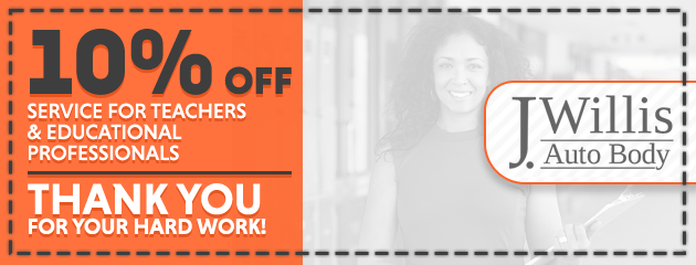 Orange and gray promo banner: 10% off for teachers and education professionals at J Willlis Auto Body.