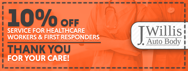 Orange auto body discount ad: 10% off for healthcare workers and first responders, with J Willis Auto Body logo.
