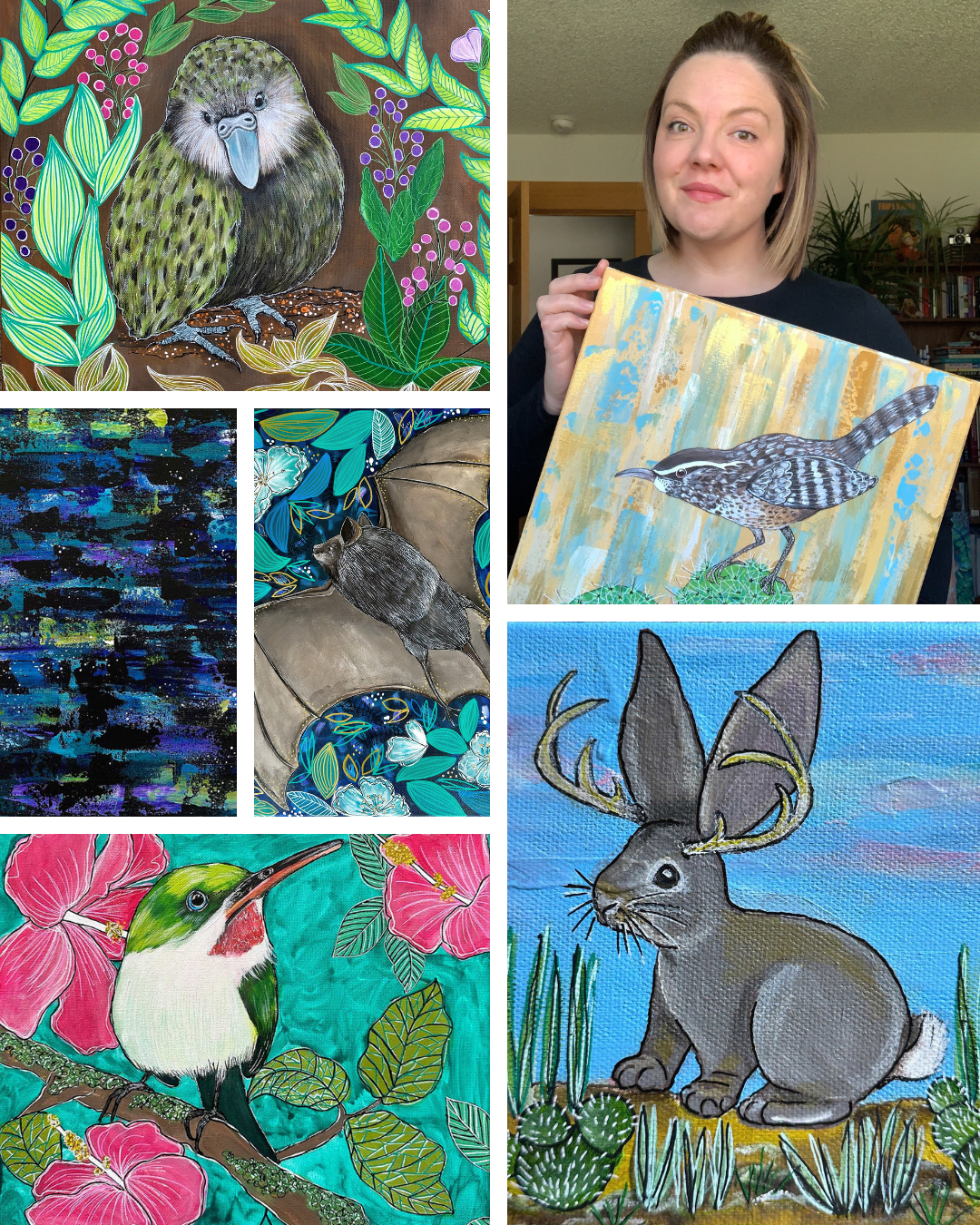 A woman is holding a painting of a blue bird on a tree branch.