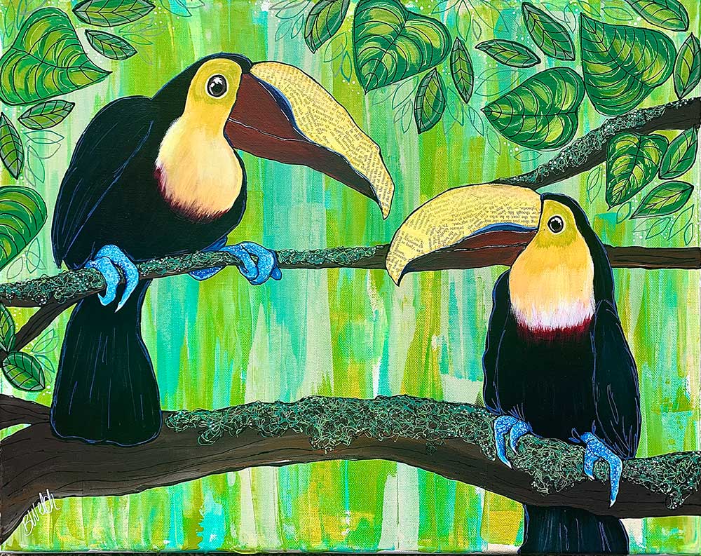 A painting of two toucans sitting on a tree branch
