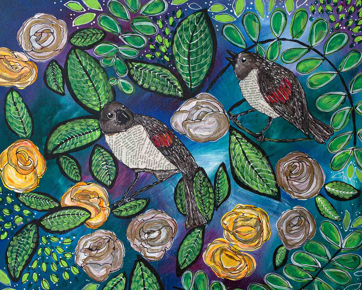 Painting of two finches amongst yellow and white roses.