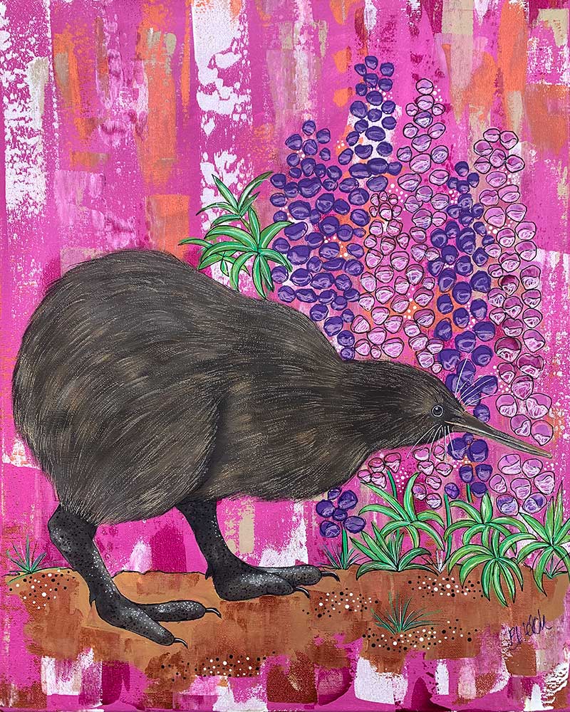 A painting of a kiwi bird on a pink background.