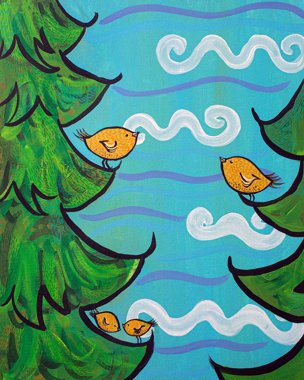 Painting of yellow birds chattering to each other on pine trees.