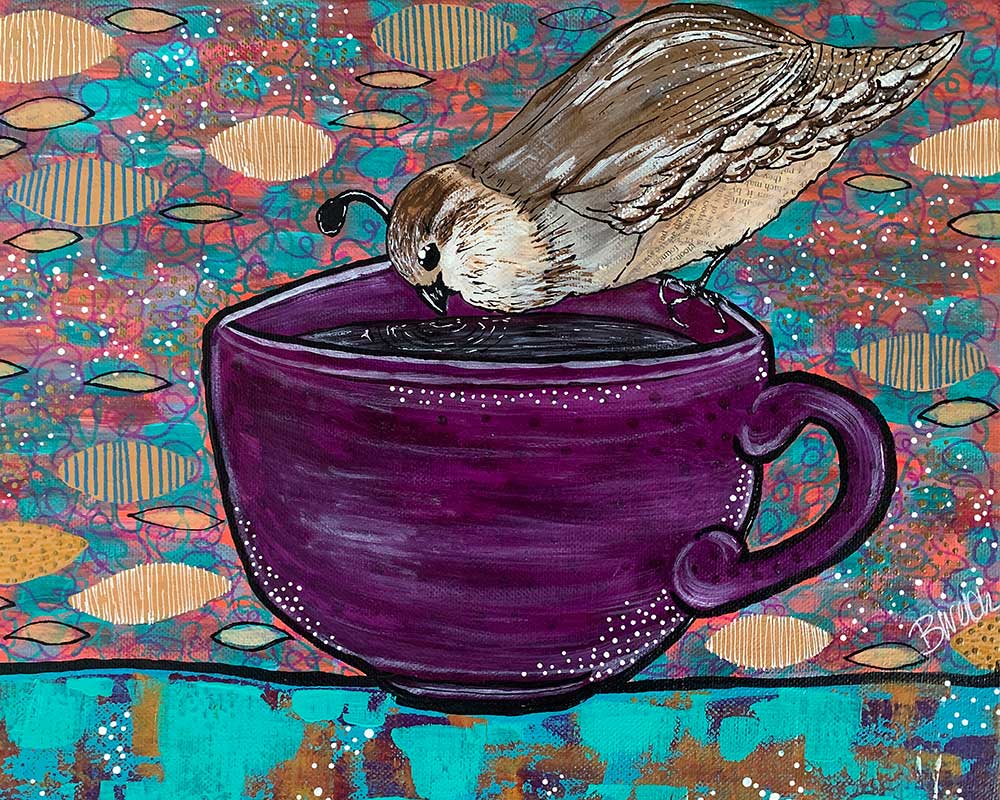A bird is sitting on top of a purple cup of coffee.