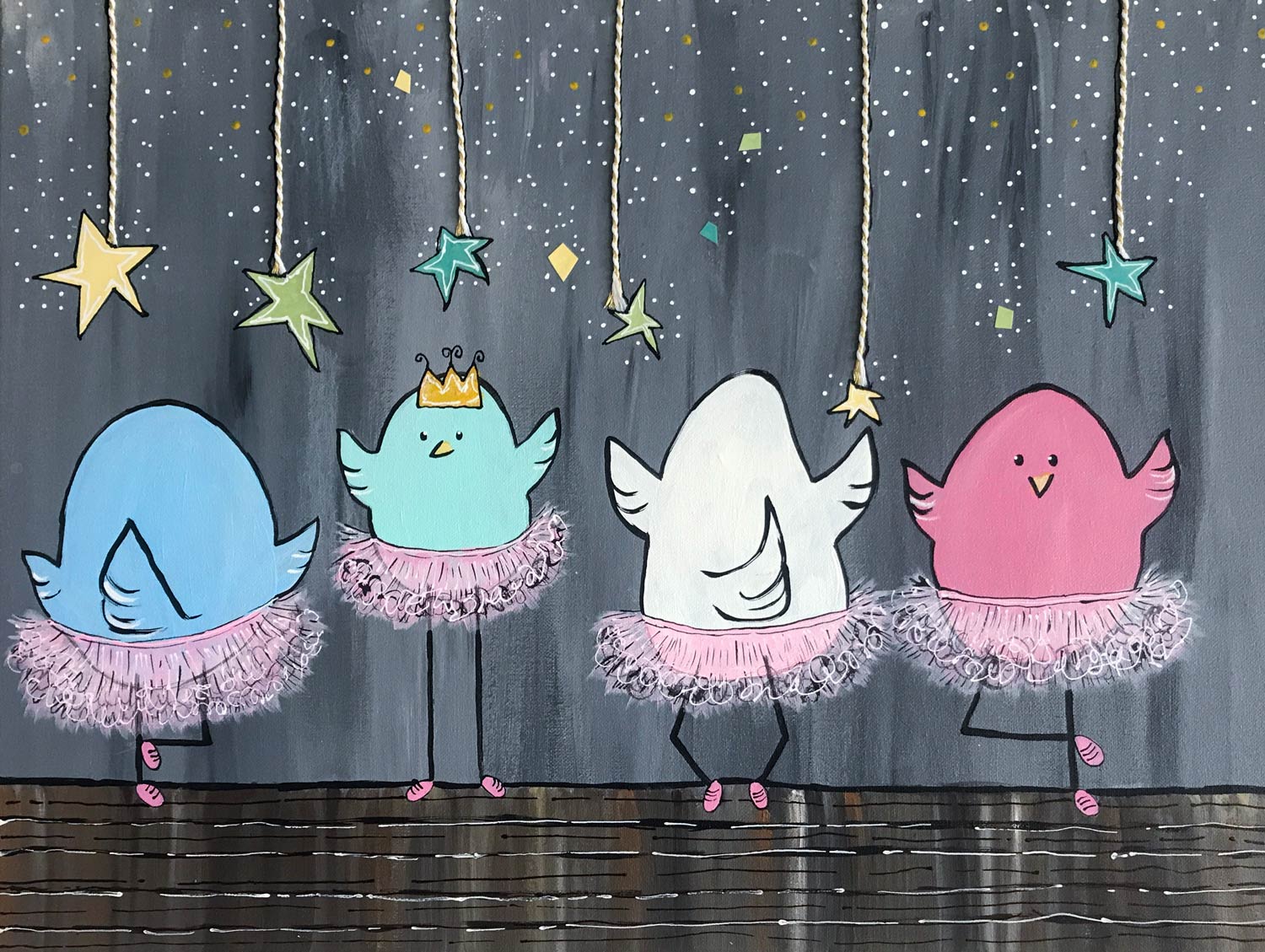 A painting of birds in tutus with stars hanging from the ceiling