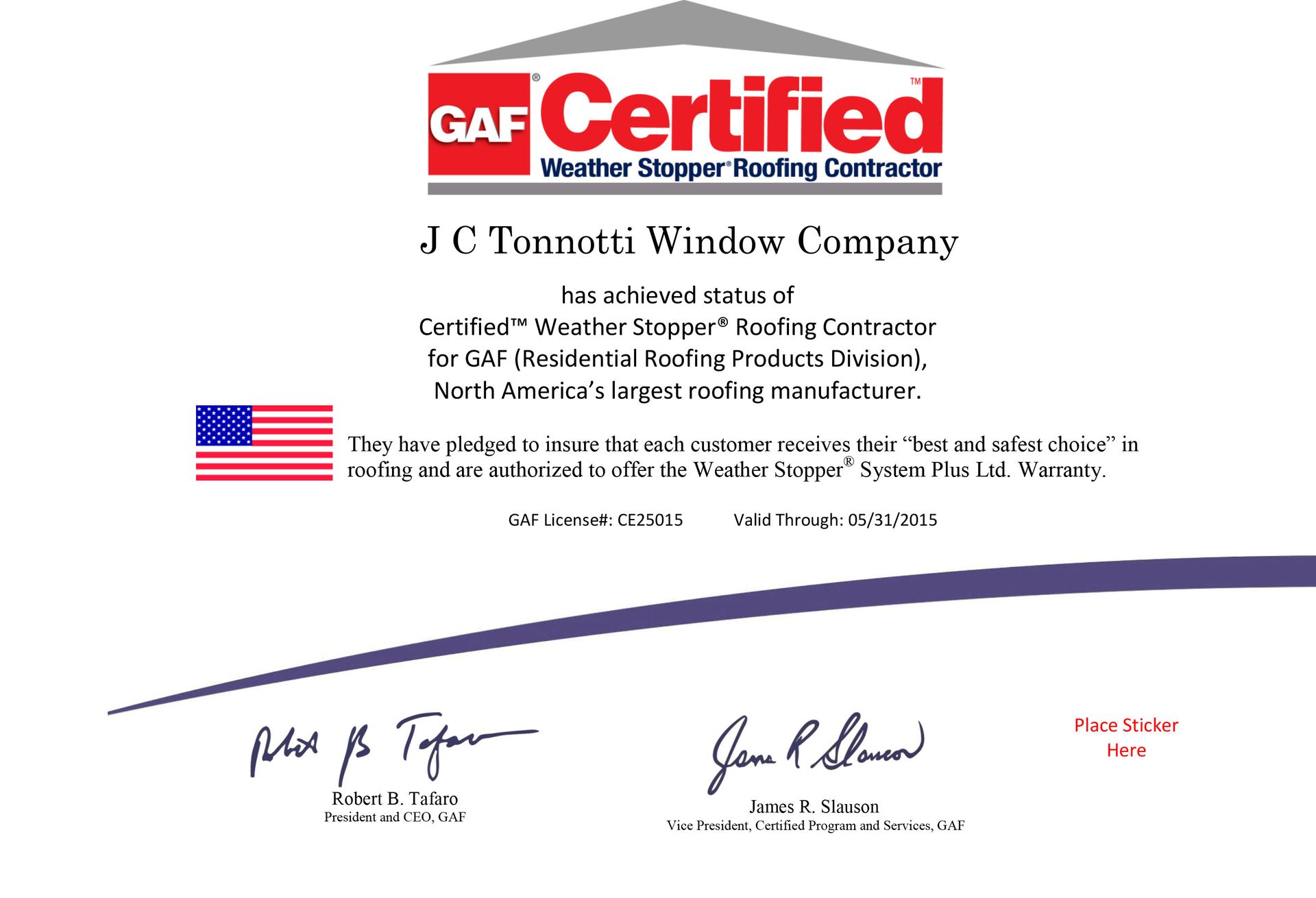 A certificate that says gaf certified on it
