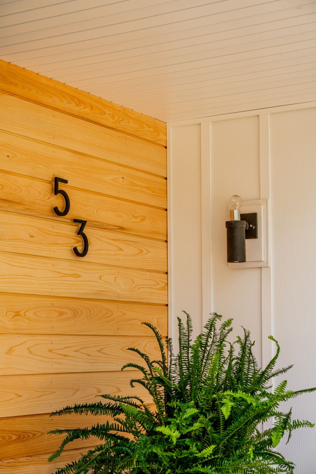 Modern front porch with black door, wood siding, potted plant, and patio seating