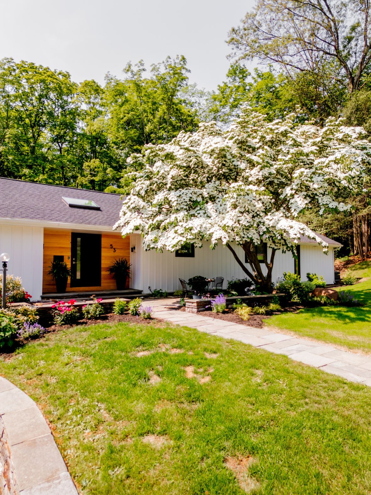 Suburban house with white siding, orange front door, blooming tree, and green lawn under sunny skies