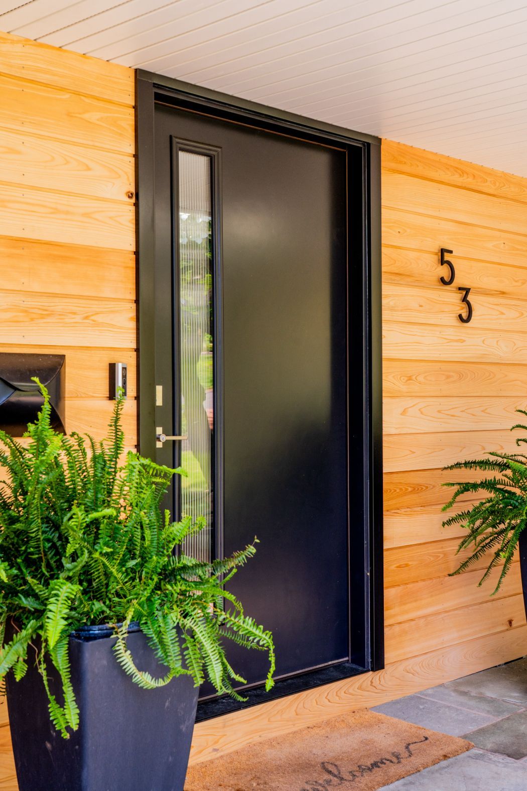 Modern black front door with potted plants beside it and house number 53 on a wood exterior