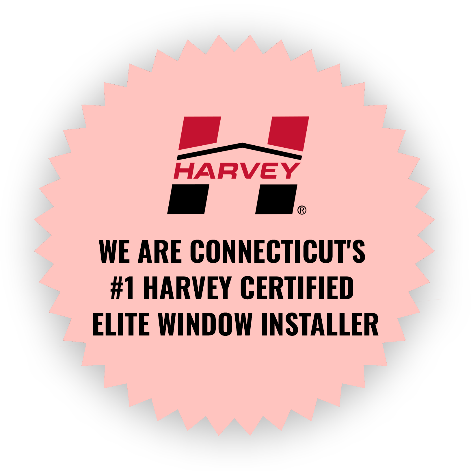 Harvey Certified Elite Window Installer badge; pink with jagged edges, red and black logo, text.