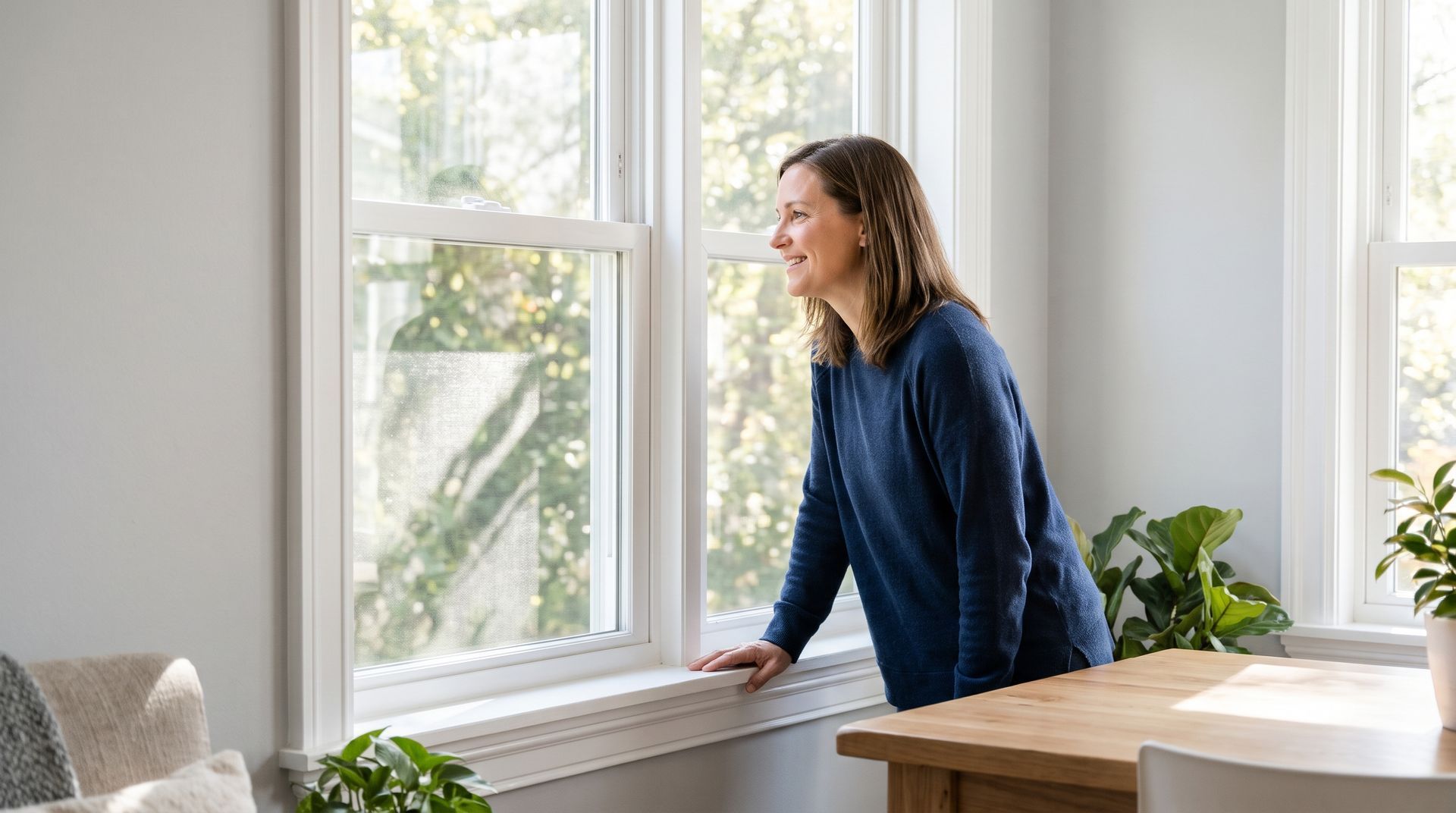 Woman standing by a bright window in a sunlit room, looking outside.