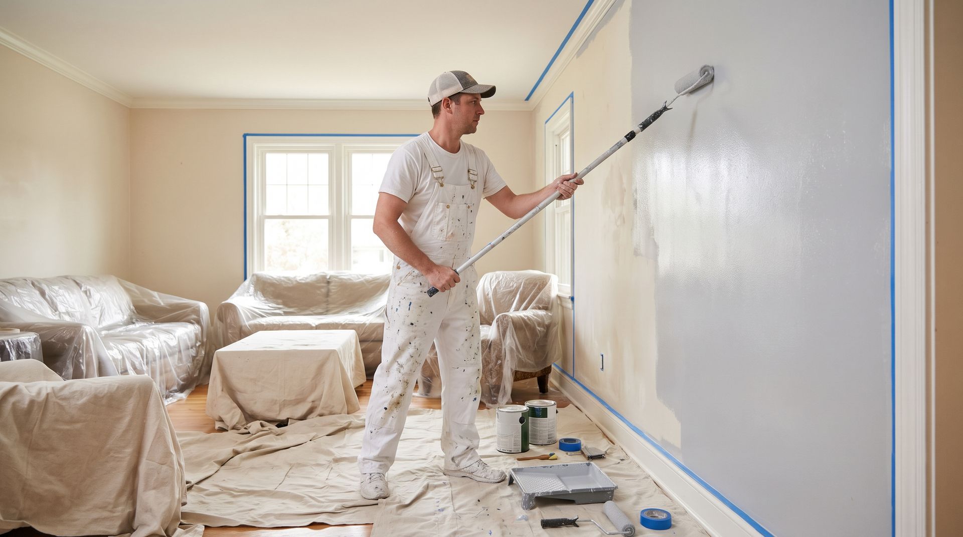 Painter applying white paint to a wall in a sunlit room, with drop cloths and supplies on the floor
