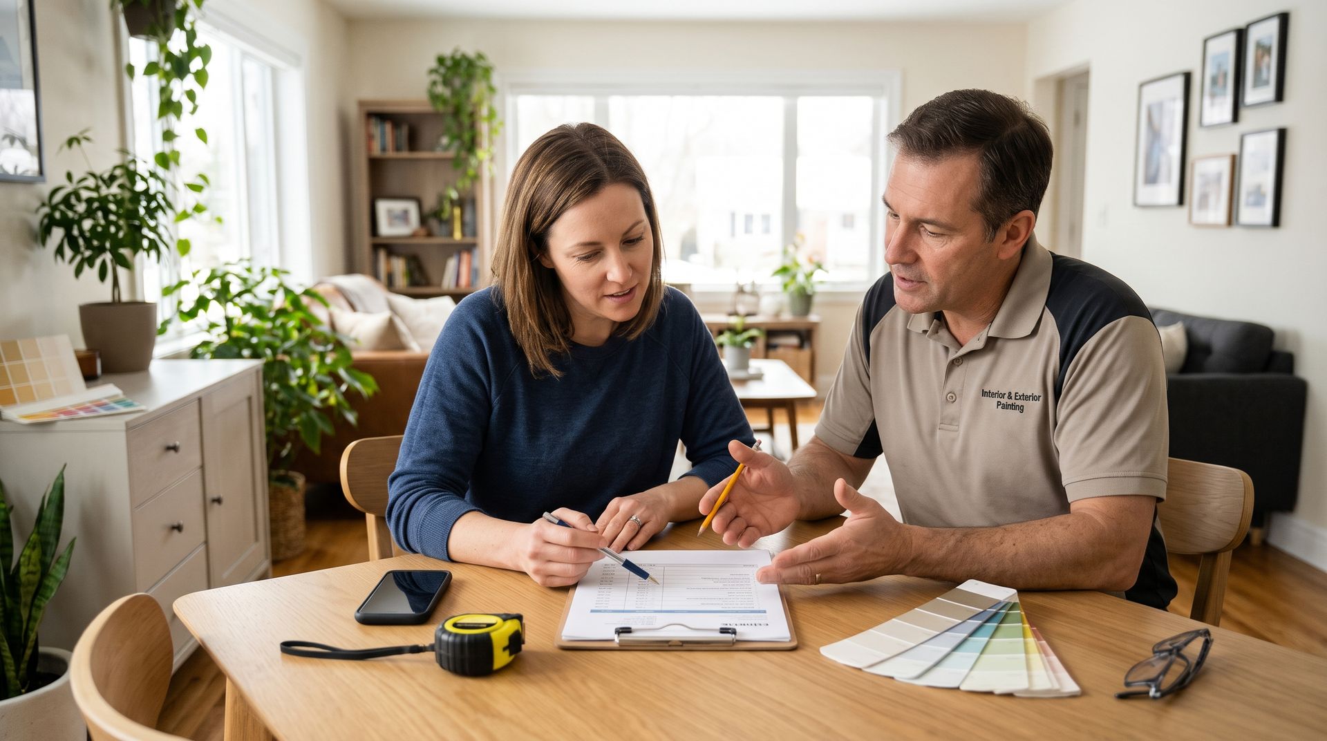 Two people review paperwork at a table in a bright living room, with a phone and color swatches nearby.