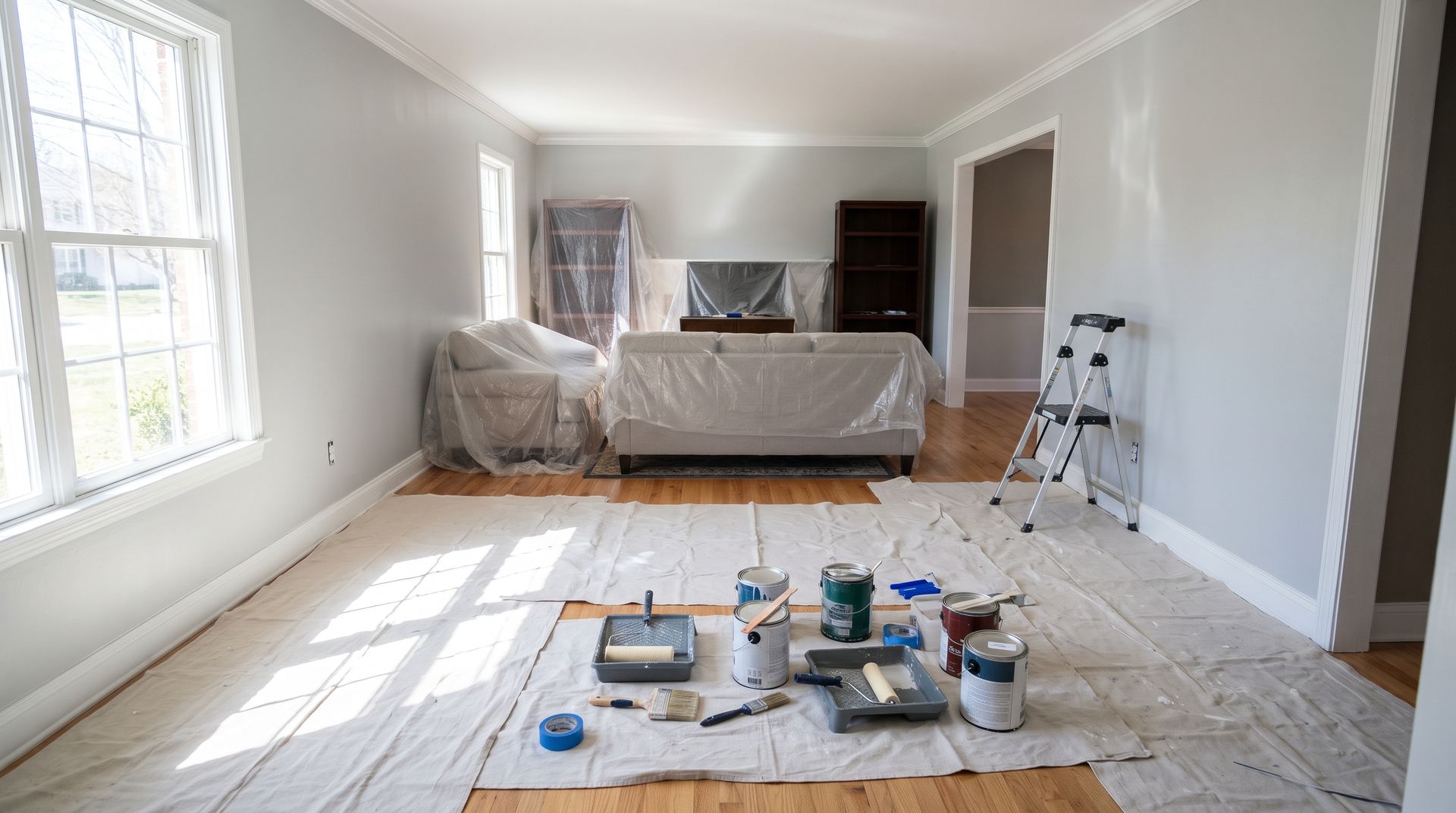 Renovated living room with paint supplies on a drop cloth and furniture covered for painting