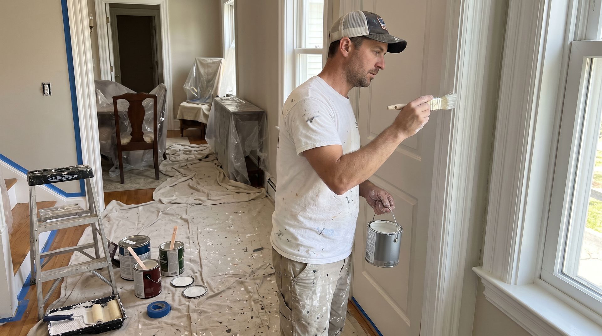 Person painting a beige wall in a bright room with drop cloths and supplies on the floor