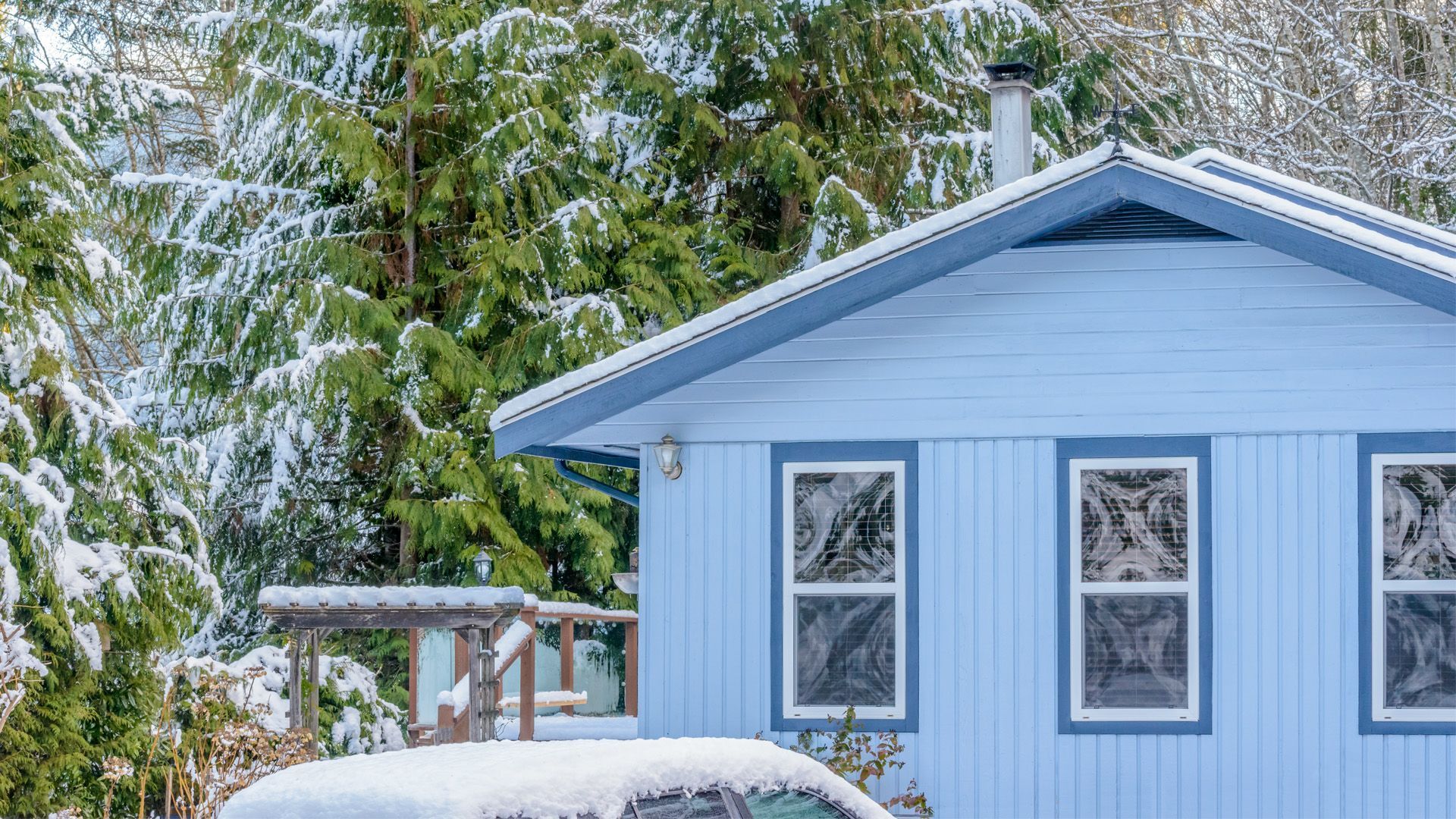 Blue house with three windows and snow-covered roof, set against snow-dusted green trees.