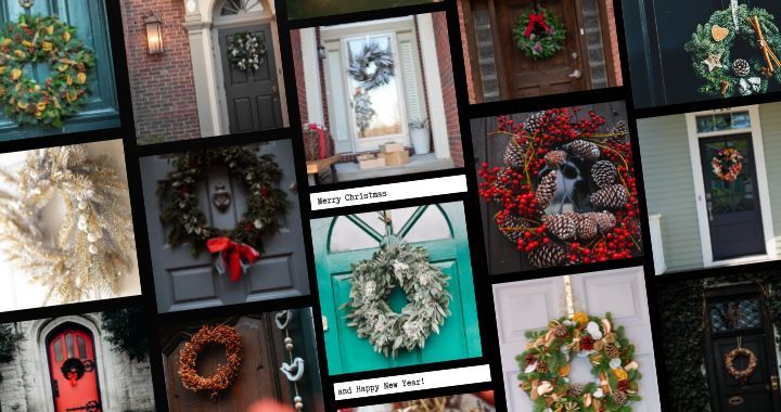 There are many different types of wreaths on the door.