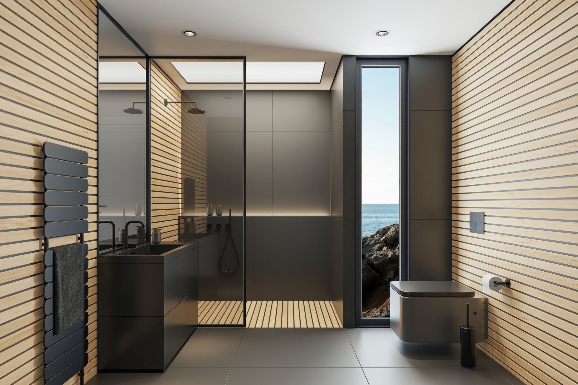 Modern bathroom with wood accents, ocean view, and sleek fixtures.