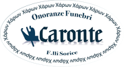 Logo per &ldquo;Caronte Onoranze Funebri&rdquo; con testo blu e bordo circolare con parole ripetute.