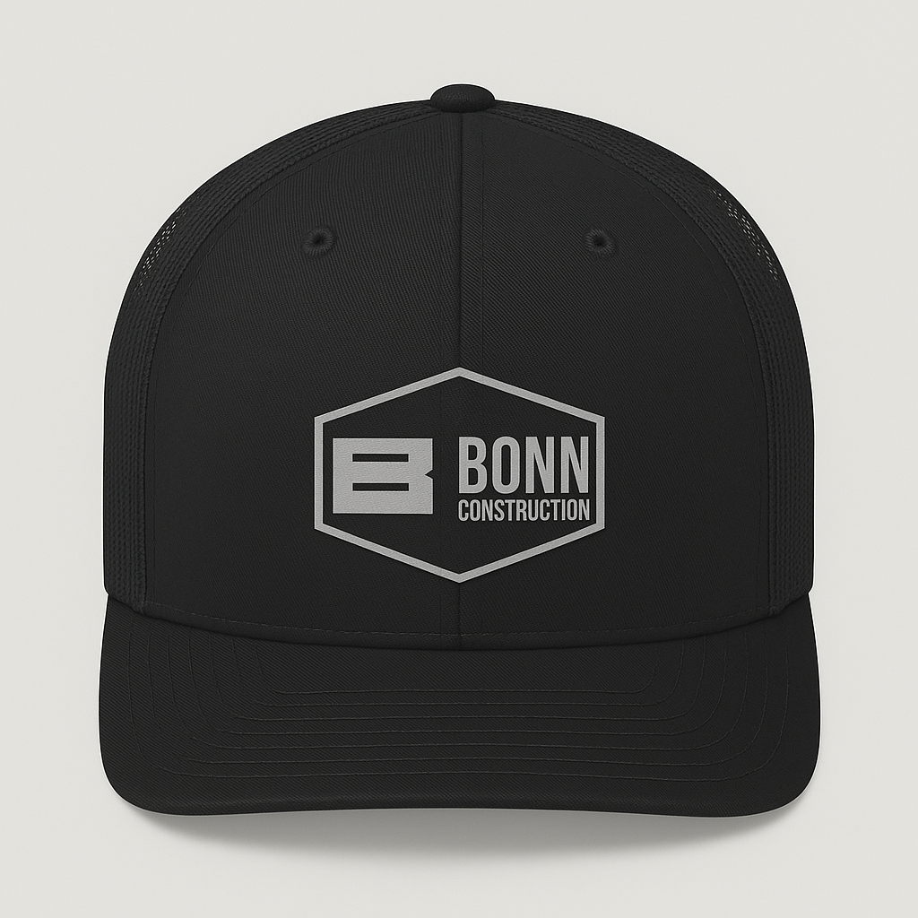 Black trucker hat with the "Bonn Construction" logo.
