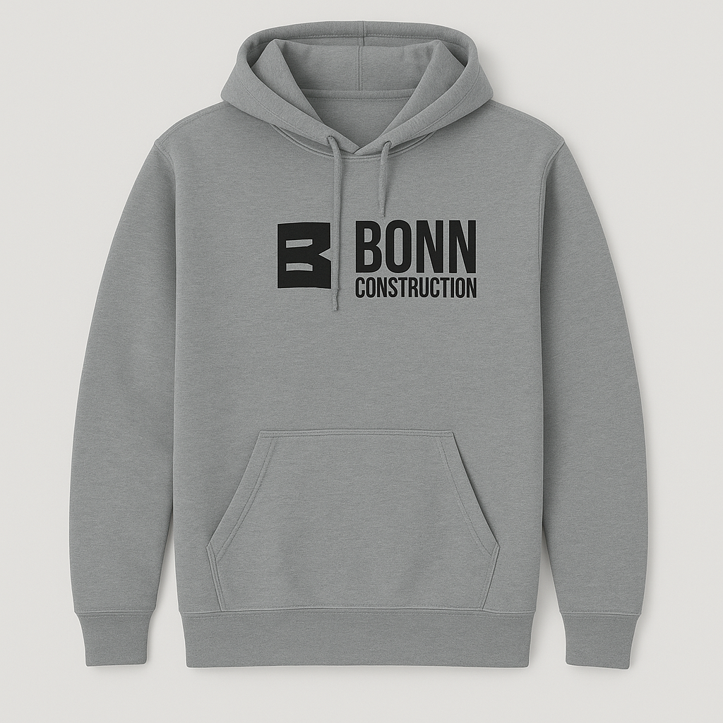 Grey hoodie with "B Bonn Construction" logo.