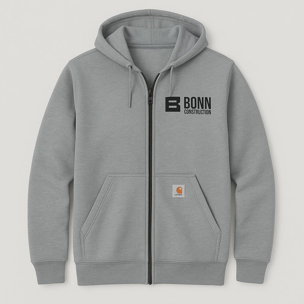 Gray zip-up hooded sweatshirt with a logo on the chest and a Carhartt logo patch.