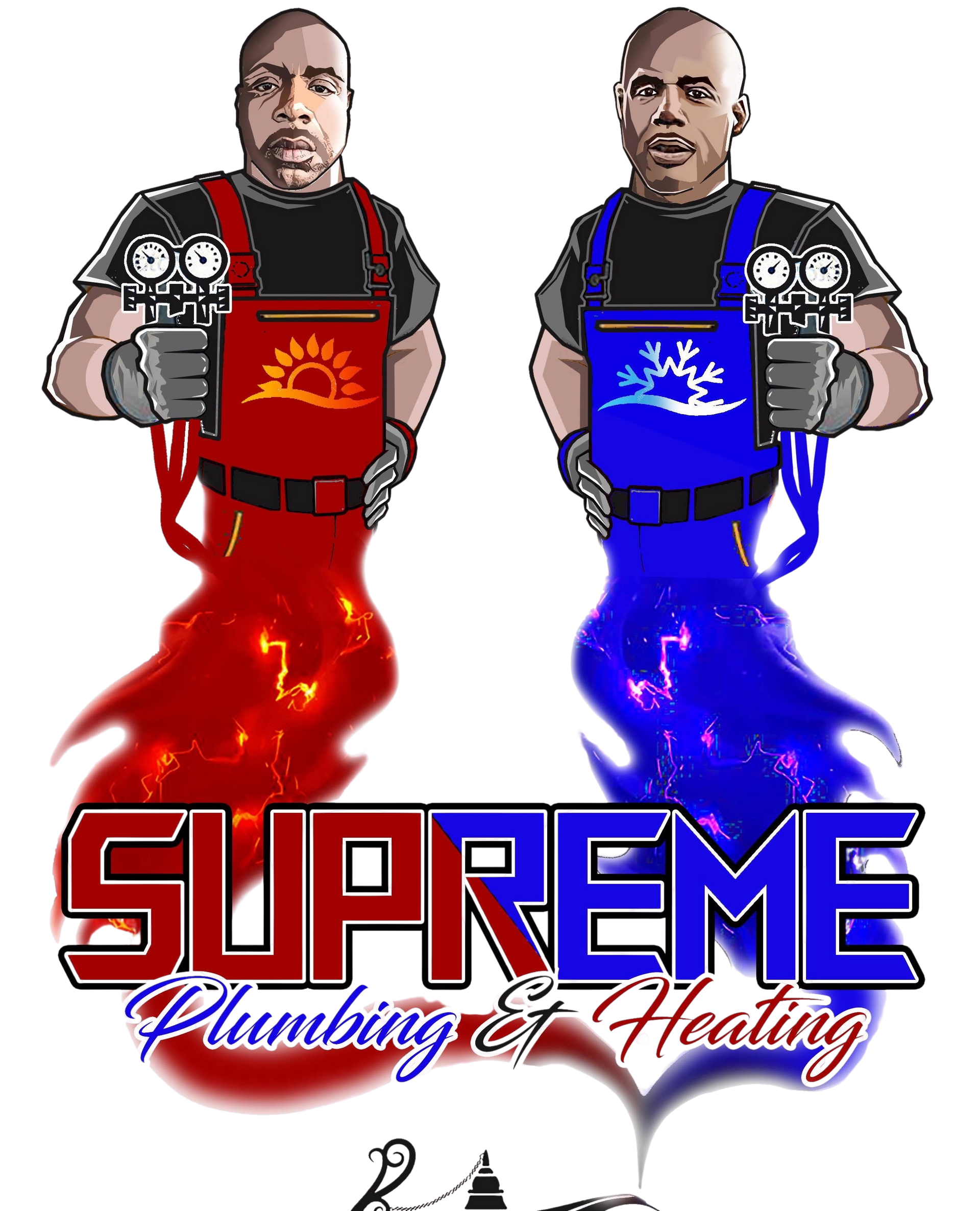 Two plumbers with red and blue vapor, holding gauges; company logo: Supreme Plumbing & Heating.