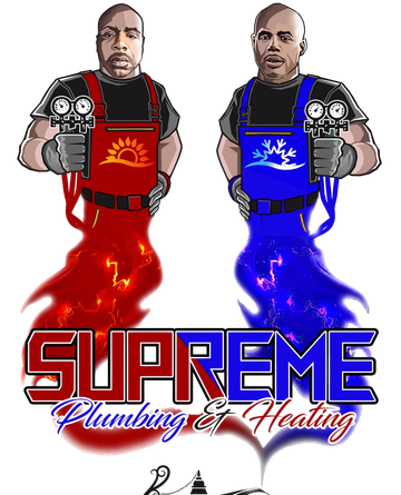 Two plumbers with red and blue vapor, holding gauges; company logo: Supreme Plumbing & Heating.